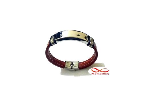 Bracelet En Acier Inoxydable + Cuir Grenat (Réglable) au meilleur prix au Maroc