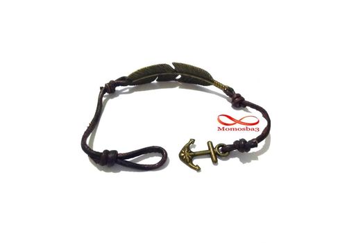 Bracelet Cuir MARRON Pendentif Plume Fermoir Ancre Marine BRONZE Réglable au meilleur prix au Maroc