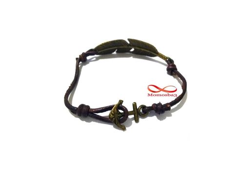 Bracelet Cuir MARRON Pendentif Plume Fermoir Ancre Marine BRONZE Réglable au meilleur prix au Maroc