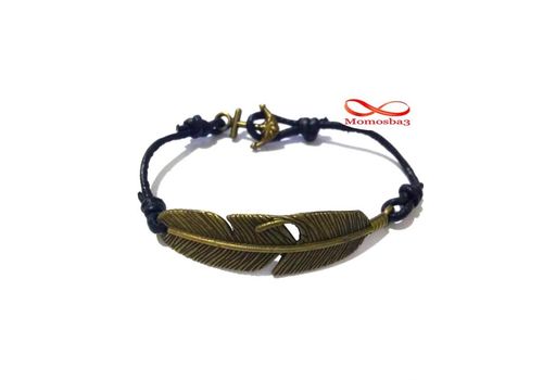 Bracelet Cuir Noir Pendentif Plume Fermoir Ancre Marine BRONZE Réglable au meilleur prix au Maroc