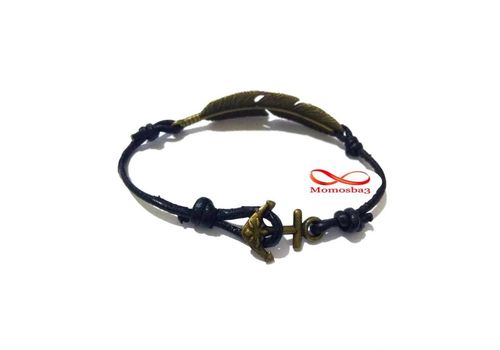 Bracelet Cuir Noir Pendentif Plume Fermoir Ancre Marine BRONZE Réglable au meilleur prix au Maroc