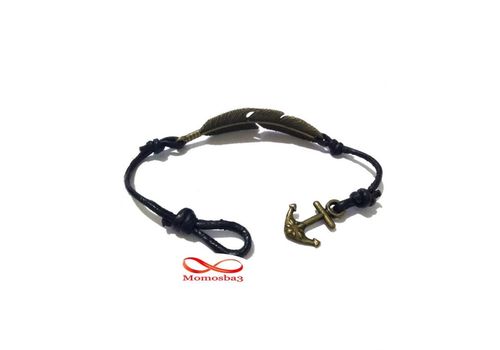 Bracelet Cuir Noir Pendentif Plume Fermoir Ancre Marine BRONZE Réglable au meilleur prix au Maroc