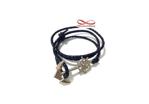 Bracelet Cuir Noir Avec Pendentif Ancre Marine Argenté (Réglable) au meilleur prix au Maroc