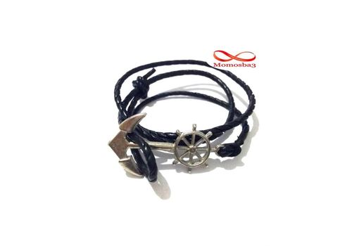 Bracelet Cuir Noir Avec Pendentif Ancre Marine Argenté (Réglable) au meilleur prix au Maroc