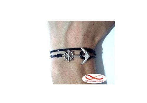 Bracelet Cuir Noir Avec Pendentif Ancre Marine Argenté (Réglable) au meilleur prix au Maroc