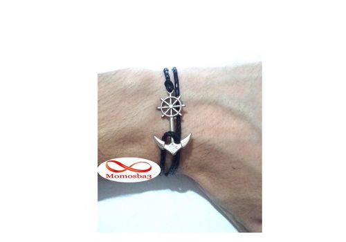Bracelet Cuir Noir Avec Pendentif Ancre Marine Argenté (Réglable) au meilleur prix au Maroc