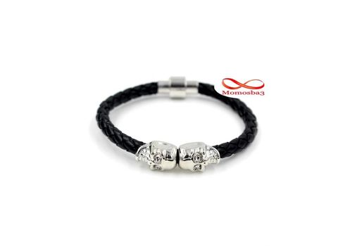 Bracelet Cuir Noir Avec Pendentif 2 Tête De Mort Fermoir Magnétique (Argenté) au meilleur prix au Maroc