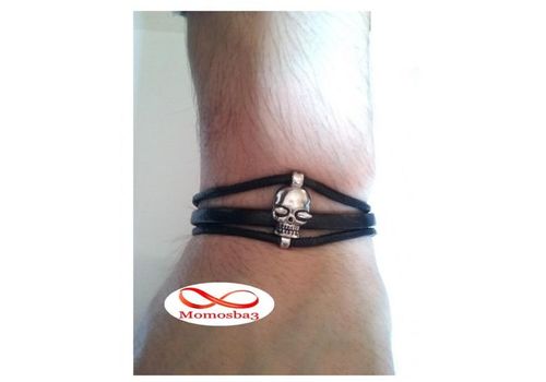 Bracelet Tête De Mort Cuir Noir + Cordon Réglable au meilleur prix au Maroc