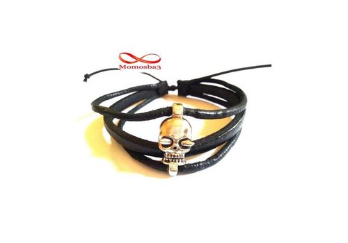 Bracelet Tête De Mort Cuir Noir + Cordon Réglable au meilleur prix au Maroc