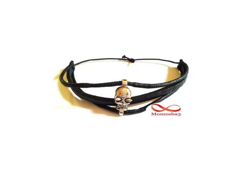 Bracelet Tête De Mort Cuir Noir + Cordon Réglable au meilleur prix au Maroc