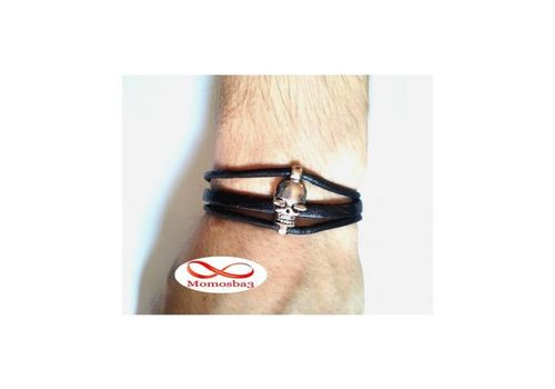 Bracelet Tête De Mort Cuir Noir + Cordon Réglable au meilleur prix au Maroc