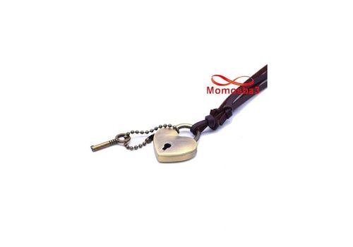 Collier Cuir MARRON Réglable Avec Pendentif Serrure En Forme De Coeur Et Clé Bonze - Unisex au meilleur prix au Maroc