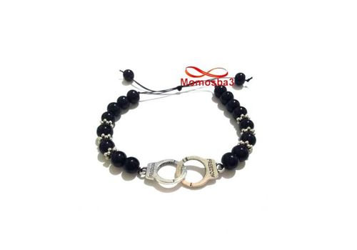 Agate Verre Noir 8mm Avec Pendentif Menotte Argent Charm - Réglable au meilleur prix au Maroc