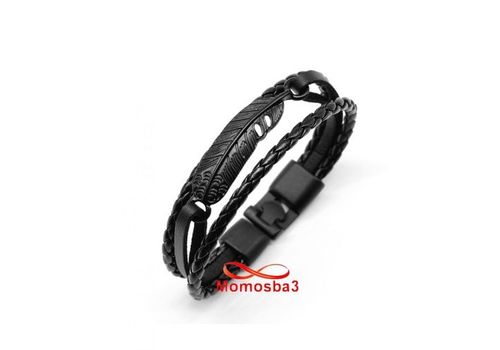 Bracelet Plume En Cuir Noir Véritable Symbole Et Fermoir Noir au meilleur prix au Maroc