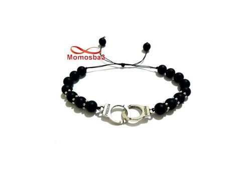 Agate Pierres Noir Mat Avec Pendentif Menotte Argenté Unisex - Réglable au meilleur prix au Maroc