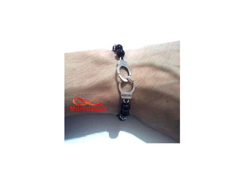 Agate Verre Noir 8mm Avec Pendentif Menotte Argent Charm - Réglable au meilleur prix au Maroc