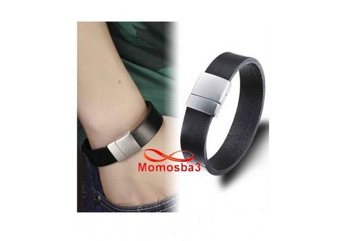 Bracelet Cuir Noir Avec Fermoir En Acier Inoxydable Magnetique Argenté + Sachet de Bijoux au meilleur prix au Maroc