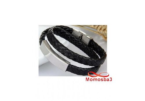 Bracelet Deux Tour Cuir Noir Plaque Et Fermoir En Acier Inoxydable Unisex - Réglable au meilleur prix au Maroc