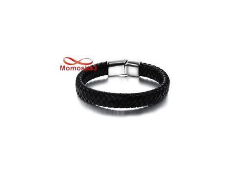 Bracelet Cuir Noir Avec Fermoir En Acier Inoxydable Argenté + Sachet de Bijoux au meilleur prix au Maroc