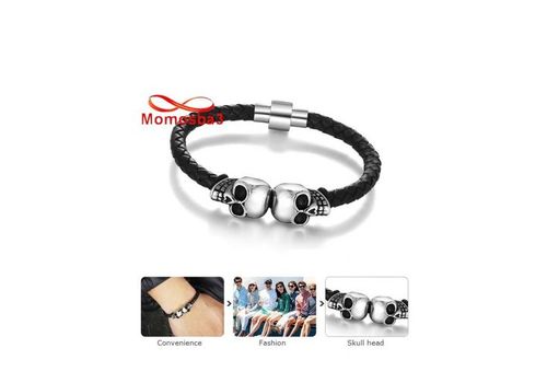 Bracelet Cuir Noir Pendentif Tete De Mort Et Fermoir En Acier Inoxydable Magnetique Argenté + Sachet de Bijoux au meilleur prix au Maroc