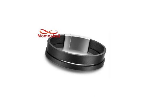 Bracelet Cuir Noir Avec Fermoir En Acier Inoxydable Argenté + Sachet de Bijoux au meilleur prix au Maroc