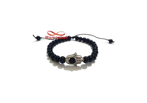 Bracelet Fil Avec Petite Perle Verre Noir Pendentif Khmisa Réglable - Unisex au meilleur prix au Maroc