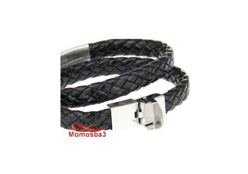 Bracelet Deux Tour Cuir Noir Plaque Et Fermoir En Acier Inoxydable Unisex - Réglable au meilleur prix au Maroc