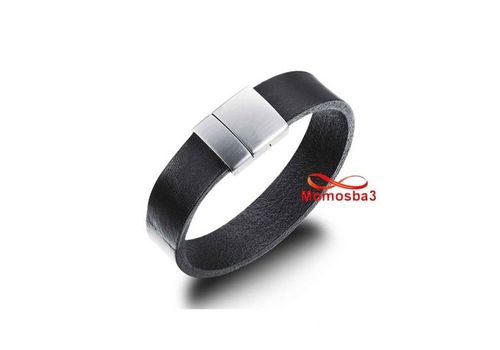Bracelet Cuir Noir Avec Fermoir En Acier Inoxydable Magnetique Argenté + Sachet de Bijoux au meilleur prix au Maroc