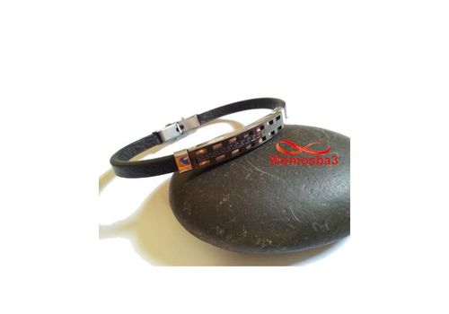 Bracelet Cuir Avec Plaque Noir Argenté En Acier Inoxydable - Réglable au meilleur prix au Maroc