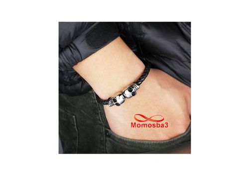 Bracelet Cuir Noir Pendentif Tete De Mort Et Fermoir En Acier Inoxydable Magnetique Argenté + Sachet de Bijoux au meilleur prix au Maroc