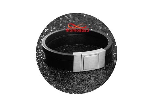 Bracelet Cuir Noir Avec Fermoir En Acier Inoxydable Argenté + Sachet de Bijoux au meilleur prix au Maroc