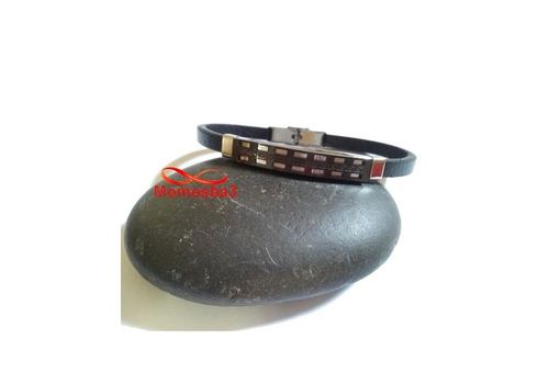 Bracelet Cuir Avec Plaque Noir Argenté En Acier Inoxydable - Réglable au meilleur prix au Maroc