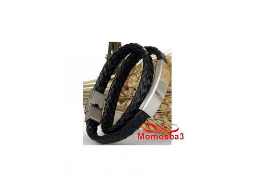 Bracelet Deux Tour Cuir Noir Plaque Et Fermoir En Acier Inoxydable Unisex - Réglable au meilleur prix au Maroc