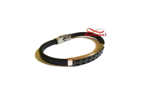 Bracelet Cuir Avec Plaque Noir Argenté En Acier Inoxydable - Réglable au meilleur prix au Maroc