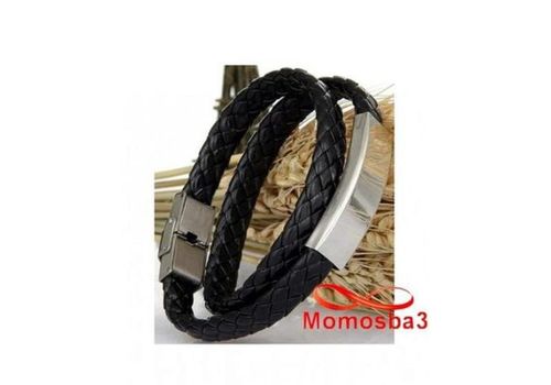 Bracelet Deux Tour Cuir Noir Plaque Et Fermoir En Acier Inoxydable - Réglable au meilleur prix au Maroc