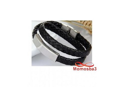 Bracelet Deux Tour Cuir Noir Plaque Et Fermoir En Acier Inoxydable - Réglable au meilleur prix au Maroc