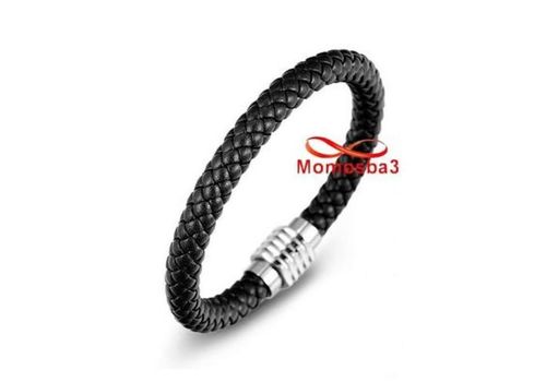 Bracelet Cuir Noir Fermoir Magnétique En Acier Inoxydable + Sachet De Bijoux au meilleur prix au Maroc