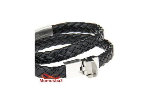 Bracelet Deux Tour Cuir Noir Plaque Et Fermoir En Acier Inoxydable - Réglable au meilleur prix au Maroc
