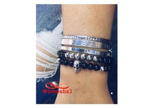 Pack 2 Agate Perles Noir Avec Pendentif Tête De Mort Argenté Unisex au meilleur prix au Maroc