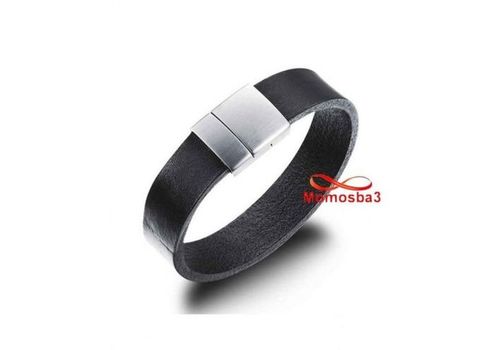 Bracelet Cuir Noir Avec Fermoir En Acier Inoxydable Magnetique Argenté + Sachet au meilleur prix au Maroc