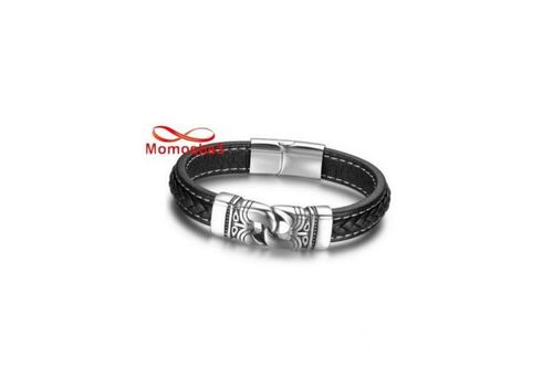 Bracelet Cuir Noir Avec Fermoir En Acier Inoxydable Argenté + Sachet de Bijoux au meilleur prix au Maroc