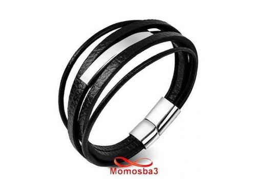Bracelet En Cuir Noir Et Acier Inoxydable + Sachet De Bijoux au meilleur prix au Maroc