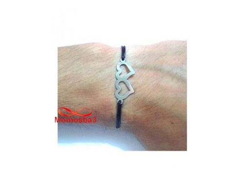 Bracelet Fil Noir Réglable Avec Pendentif 2 Coeurs En Acier Inoxydable - Unisex au meilleur prix au Maroc