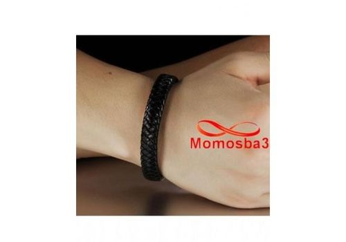 Bracelet Cuir Noir Avec Fermoir En Acier Inoxydable Argenté + Sachet de Bijoux au meilleur prix au Maroc