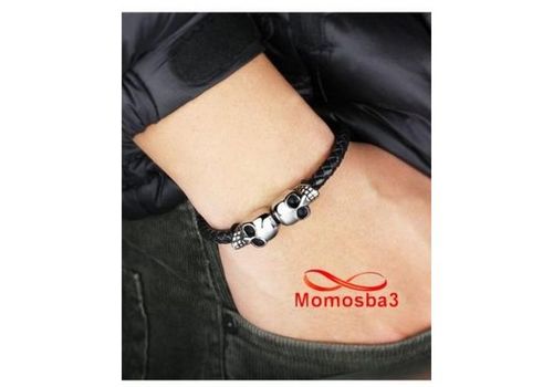 Bracelet Cuir Noir Pendentif Tete De Mort Et Fermoir En Acier Inoxydable Magnetique Argenté + Sachet de Bijoux au meilleur prix au Maroc