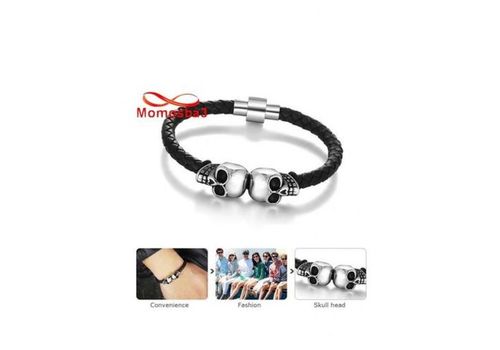 Bracelet Cuir Noir Pendentif Tete De Mort Et Fermoir En Acier Inoxydable Magnetique Argenté + Sachet de Bijoux au meilleur prix au Maroc