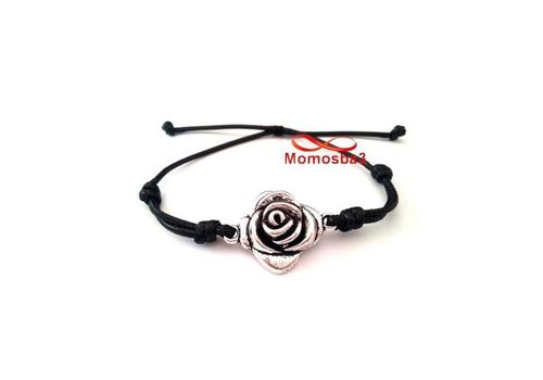 Bracelet Fil Noir Avec Pendentif Fleur Charm Argenté Réglable au meilleur prix au Maroc