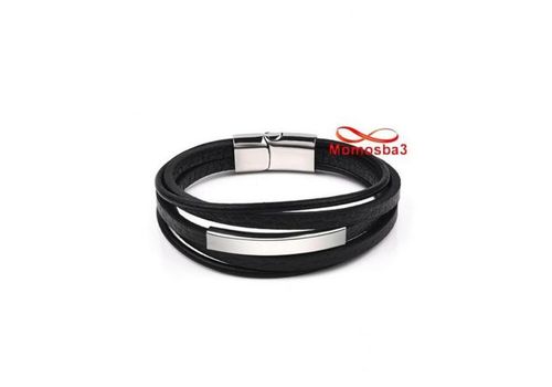 Bracelet En Cuir Noir Et Acier Inoxydable + Sachet De Bijoux au meilleur prix au Maroc