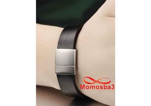 Bracelet Cuir Noir Avec Fermoir En Acier Inoxydable Magnetique Argenté + Sachet au meilleur prix au Maroc