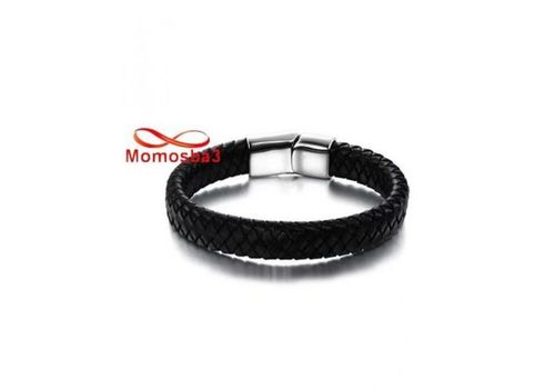 Bracelet Cuir Noir Avec Fermoir En Acier Inoxydable Argenté + Sachet de Bijoux au meilleur prix au Maroc